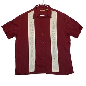 The Havanera Co. XXL Camp Shirt Cuban Guayabera Embroidered Burgundy Red Bowling
